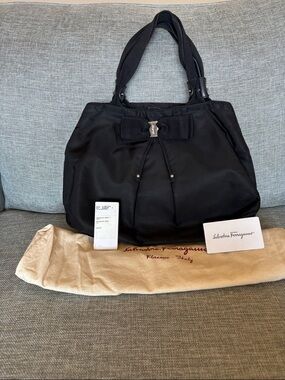 Salvatore Ferragamo Black Nylon Selene Bow-Detail purse Bag